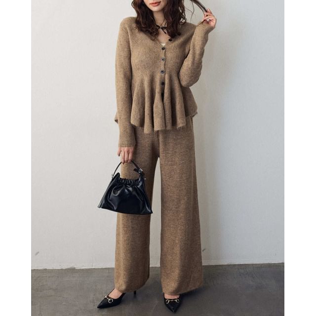 Set: V-Neck Plain Ruffle Hem Button-Up Cardigan + Mid Rise Wide Leg Pants
