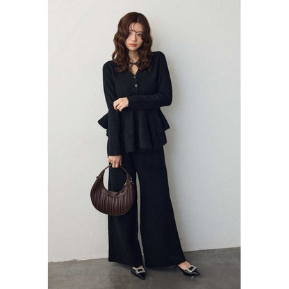 Set: V-Neck Plain Ruffle Hem Button-Up Cardigan + Mid Rise Wide Leg Pants