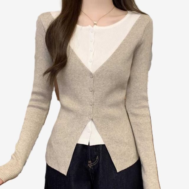 Mock Two-Piece Crew Neck Two Tone Button-Up Cardigan