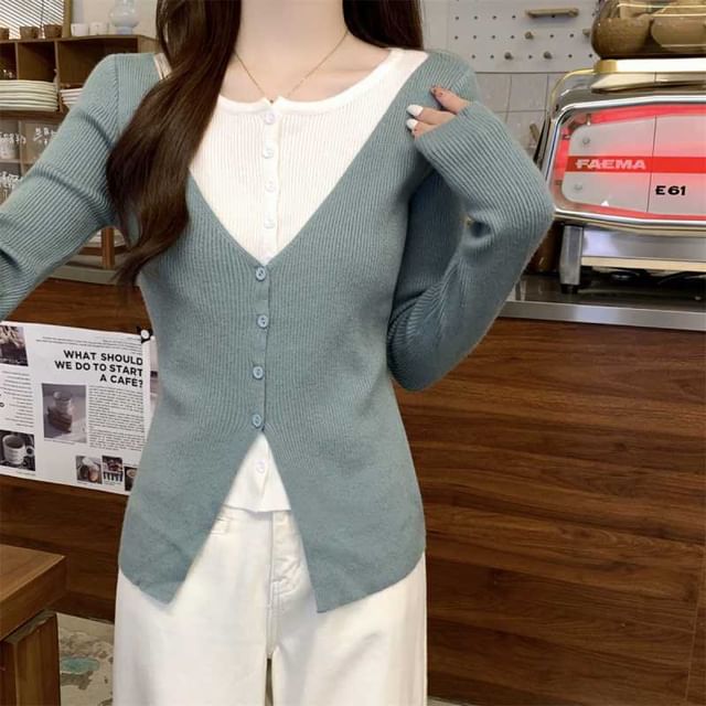 Mock Two-Piece Crew Neck Two Tone Button-Up Cardigan