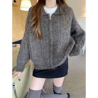 Collared Zip-Up Plain Cable Knit Cardigan