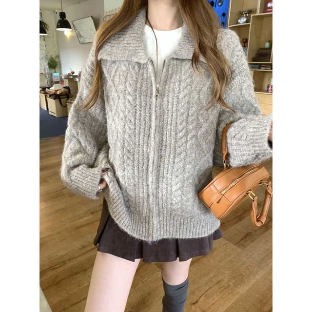 Collared Zip-Up Plain Cable Knit Cardigan