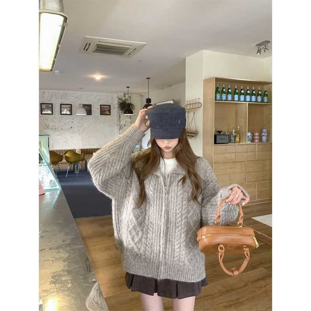 Collared Zip-Up Plain Cable Knit Cardigan