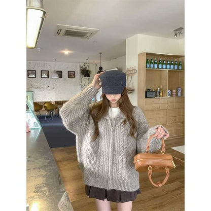 Collared Zip-Up Plain Cable Knit Cardigan