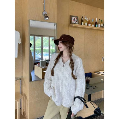 Collared Zip-Up Plain Cable Knit Cardigan