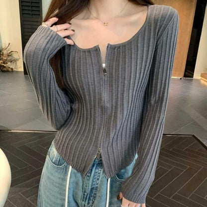 Scoop Neck Zip-Up Plain Crop Cardigan