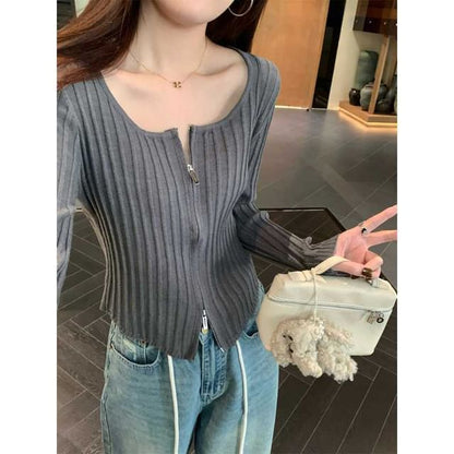 Scoop Neck Zip-Up Plain Crop Cardigan