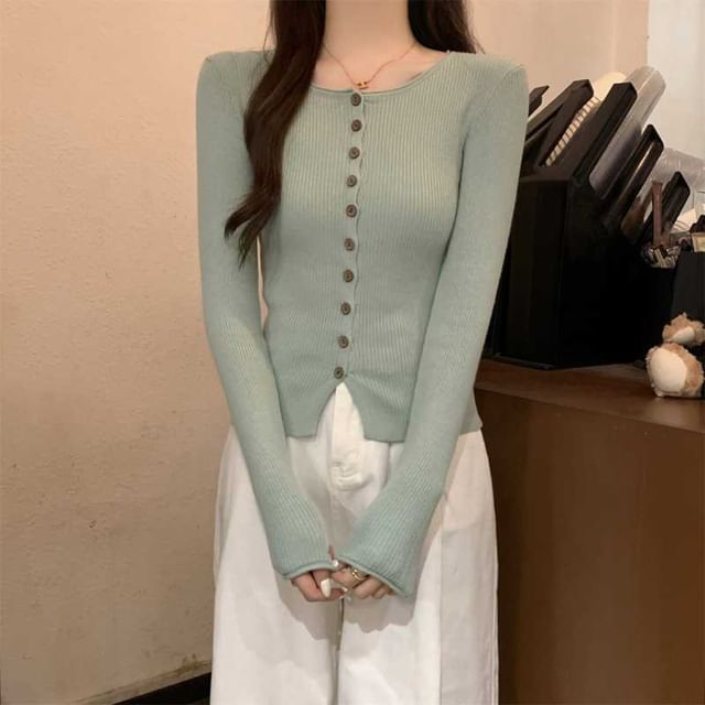 Crew Neck Button-Up Plain Cardigan