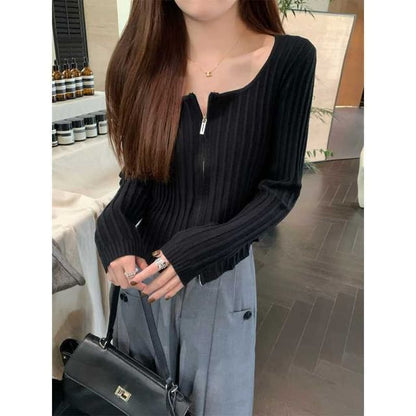 Scoop Neck Zip-Up Plain Crop Cardigan