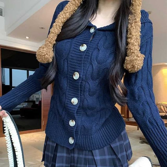 Hooded Button-Up Plain Cable Knit Cardigan