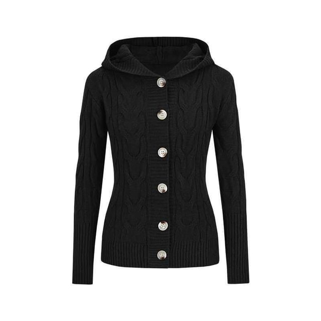 Hooded Button-Up Plain Cable Knit Cardigan