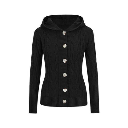 Hooded Button-Up Plain Cable Knit Cardigan