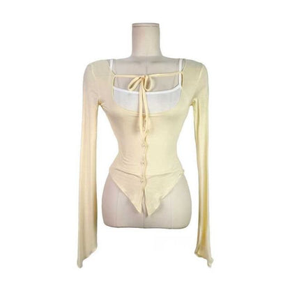 Set: Plain Crop Camisole Top + Scoop Neck Tie Front Button-Up Sheer Cardigan