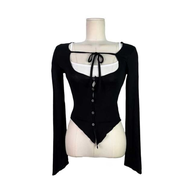 Set: Plain Crop Camisole Top + Scoop Neck Tie Front Button-Up Sheer Cardigan