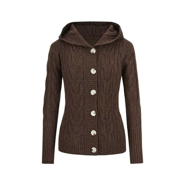 Hooded Button-Up Plain Cable Knit Cardigan