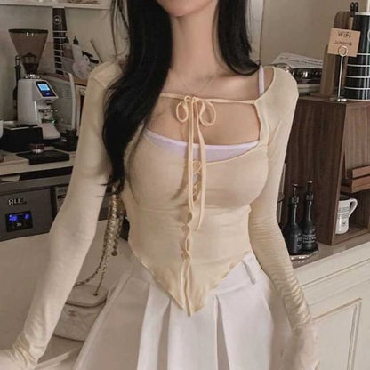 Set: Plain Crop Camisole Top + Scoop Neck Tie Front Button-Up Sheer Cardigan