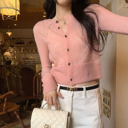 Button-Up Plain Crop Cardigan