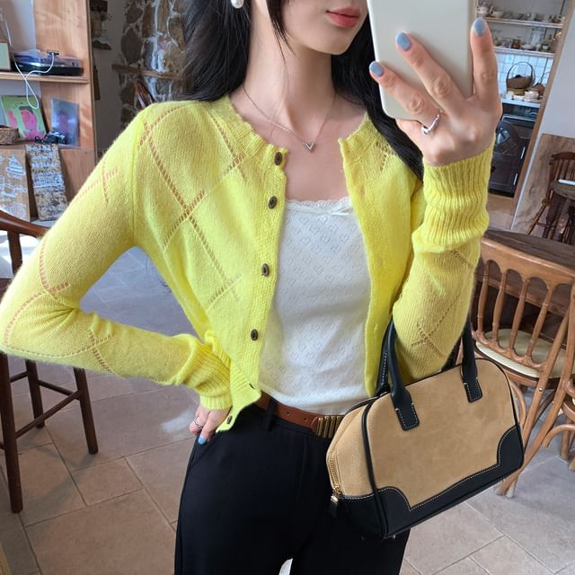 Button-Up Plain Crop Cardigan