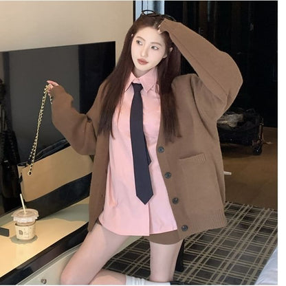 V-Neck Plain Button Up Cardigan / Long-Sleeve Collared Plain Neck Tie Shirt / Mid Rise Plain Shorts