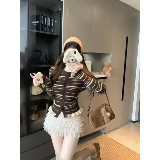Round Neck Striped Ruffle Cardigan