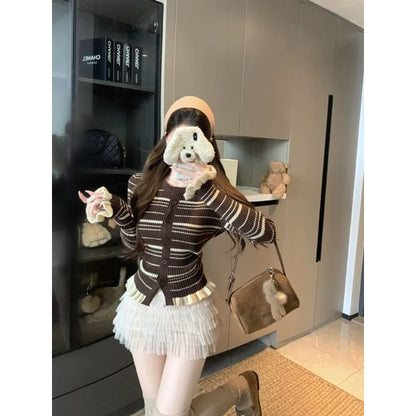 Round Neck Striped Ruffle Cardigan