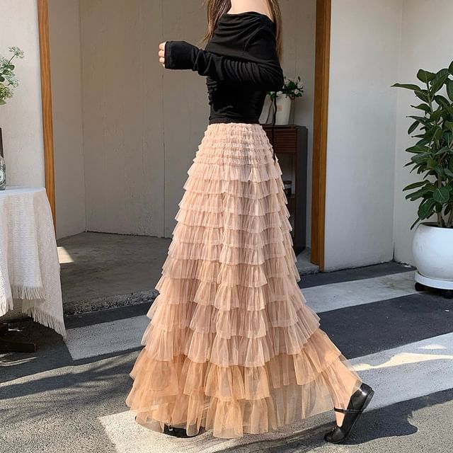 Gradient Tiered Ruffle Mesh Maxi Skirt
