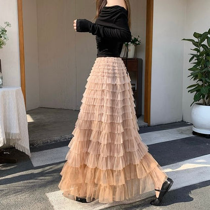 Gradient Tiered Ruffle Mesh Maxi Skirt