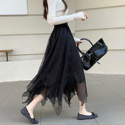 Asymmetrical Lace Panel Midi Skirt