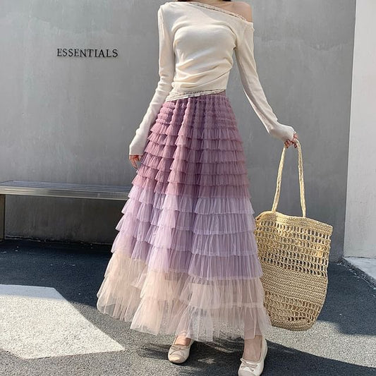 Gradient Tiered Ruffle Mesh Maxi Skirt