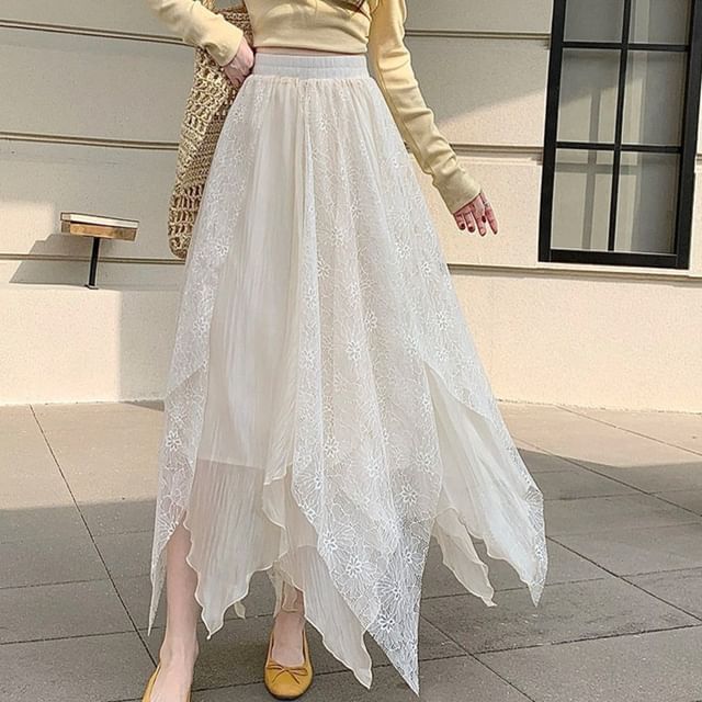 Asymmetrical Lace Panel Midi Skirt
