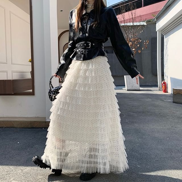 Polka Dot Tiered Ruffle Mesh Maxi Skirt
