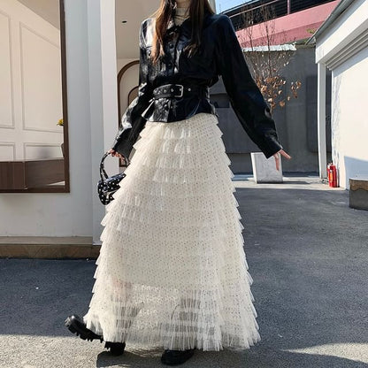 Polka Dot Tiered Ruffle Mesh Maxi Skirt