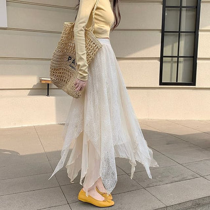Asymmetrical Lace Panel Midi Skirt