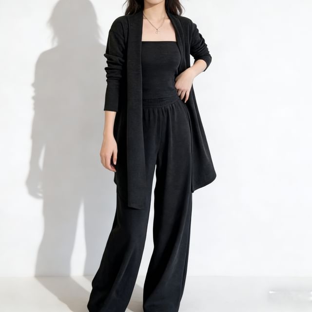 Set: Plain Open Front Cardigan + Tube Top + High Waist Wide Leg Pants
