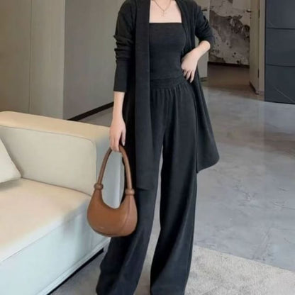 Set: Plain Open Front Cardigan + Tube Top + High Waist Wide Leg Pants