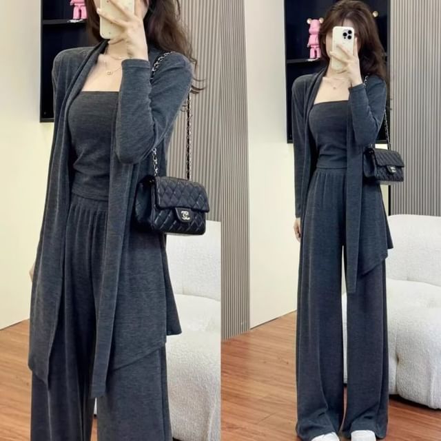 Set: Plain Open Front Cardigan + Tube Top + High Waist Wide Leg Pants