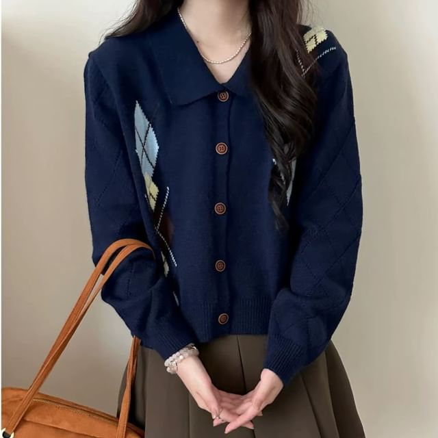 Collared Argyle Button Up Cardigan