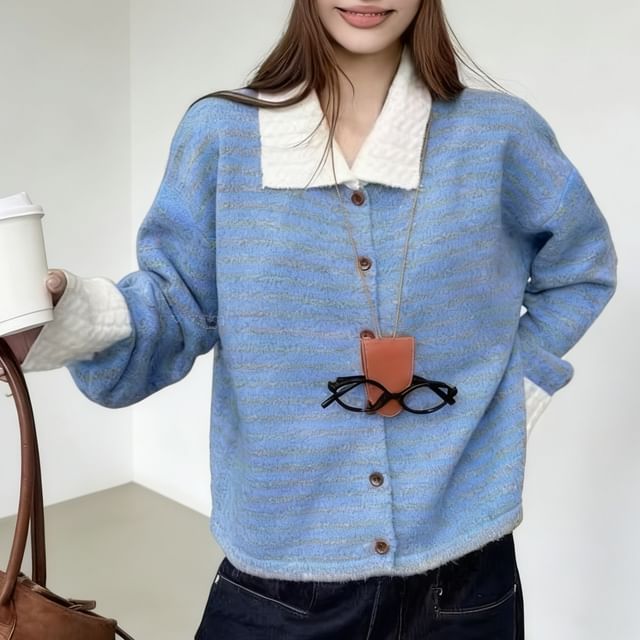 Collared Striped Button Up Cardigan