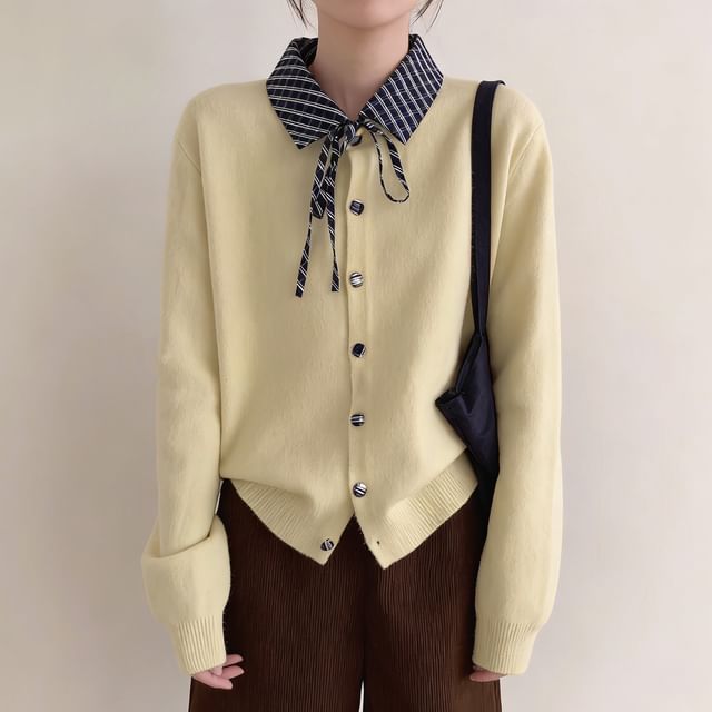 Collared Plaid Panel Button Up Cardigan