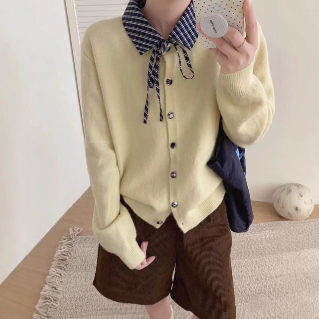 Collared Plaid Panel Button Up Cardigan