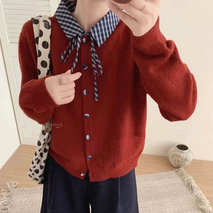 Collared Plaid Panel Button Up Cardigan