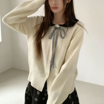 Peter Pan Collar Two Tone Plain Button Up Cardigan