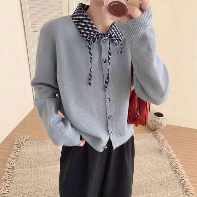 Collared Plaid Panel Button Up Cardigan