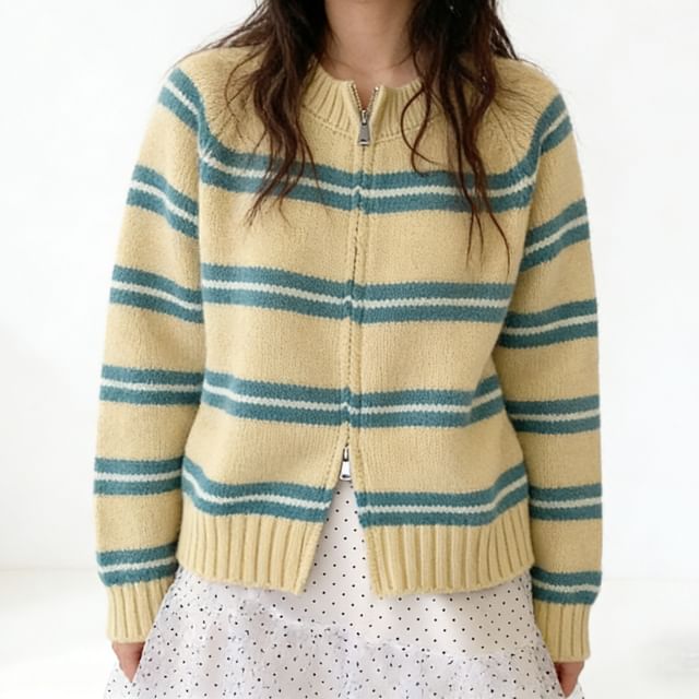Round Neck Striped Zip Cardigan