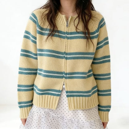 Round Neck Striped Zip Cardigan