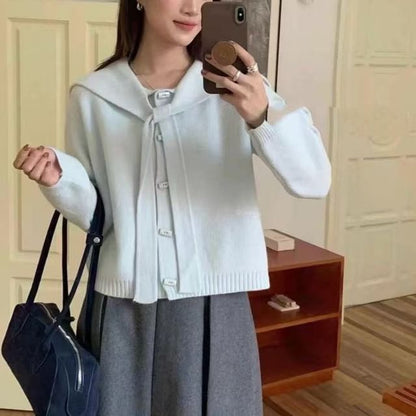 Sailor Collar Plain Toggle Button Cardigan