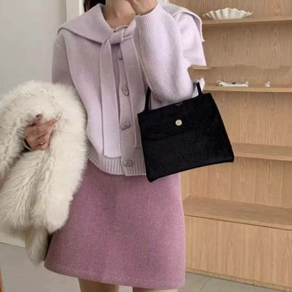 Sailor Collar Plain Toggle Button Cardigan