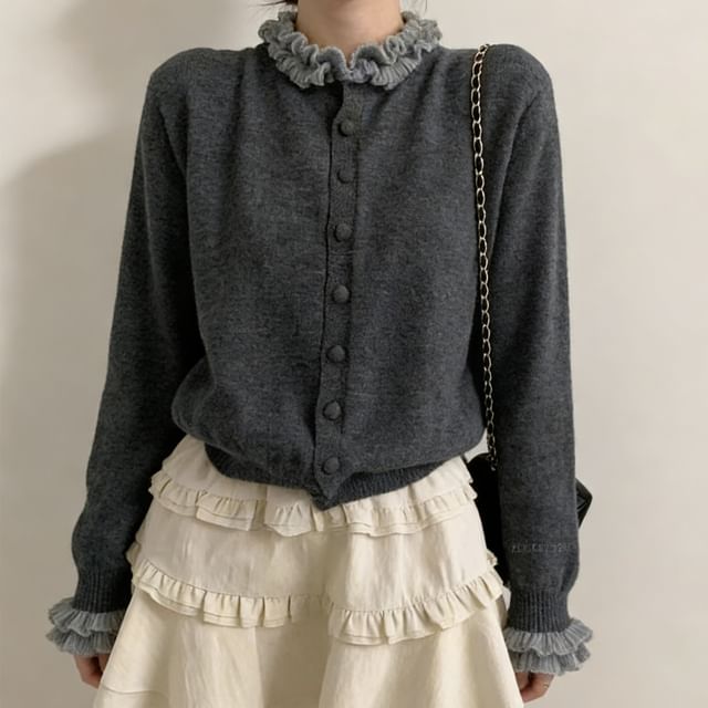 Stand Collar Ruffle Trim Button Up Cardigan