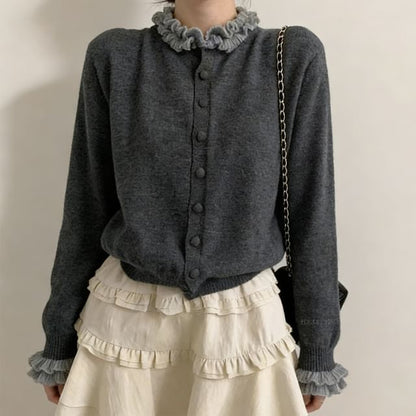 Stand Collar Ruffle Trim Button Up Cardigan