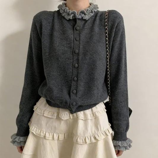 Stand Collar Ruffle Trim Button Up Cardigan